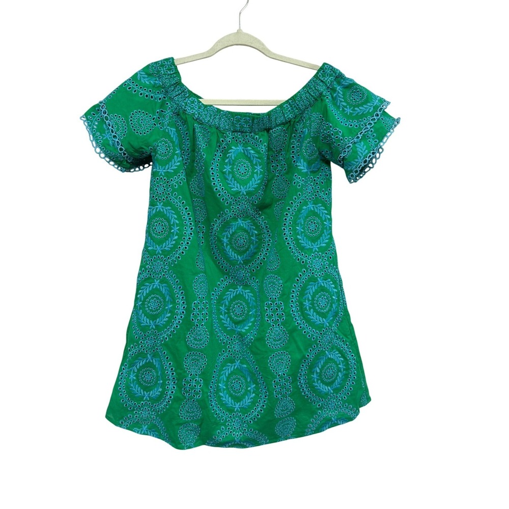 Skies Are Blue Know You Better Mini Dress Teal Green Eyelet Off Shoulder XS NEW